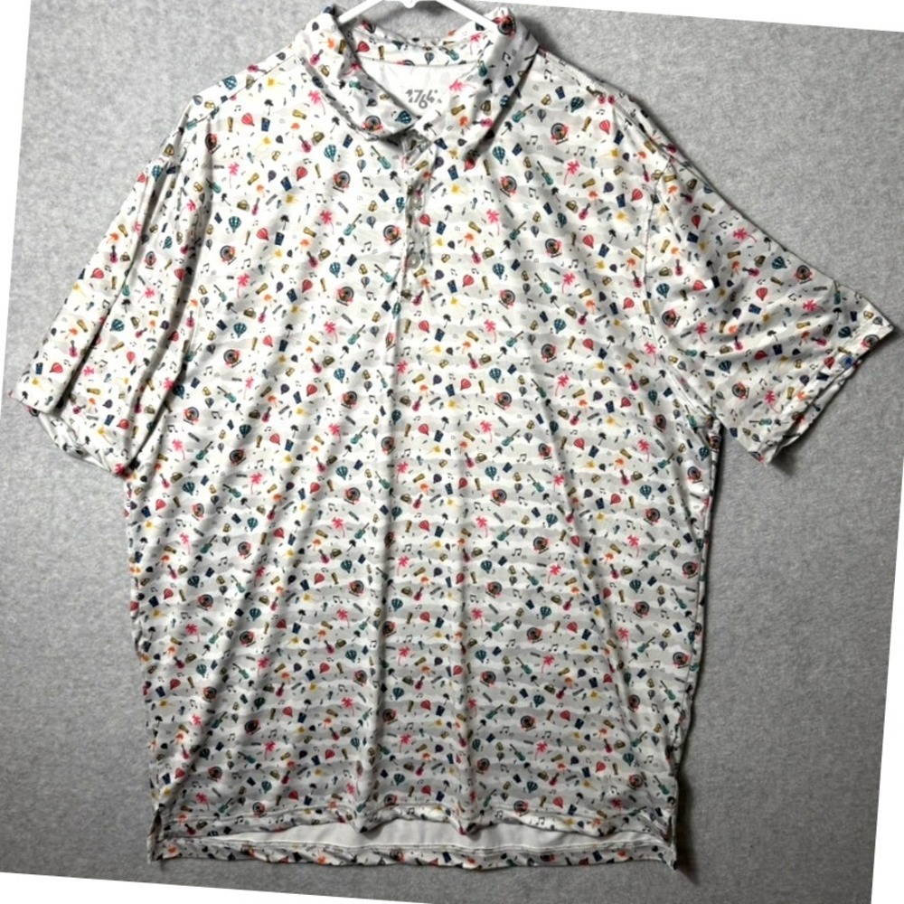 1764 Mens Festival Performance Polo Shirt 2XL White Grey Novelty Print Stretch